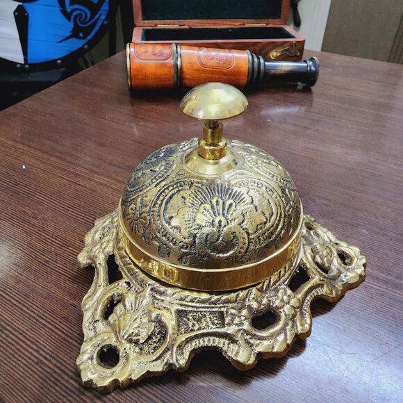 Embossed Shiny Brass Table Desk Bell for Hotels and Reception Spaces - Picture 1 of 3
